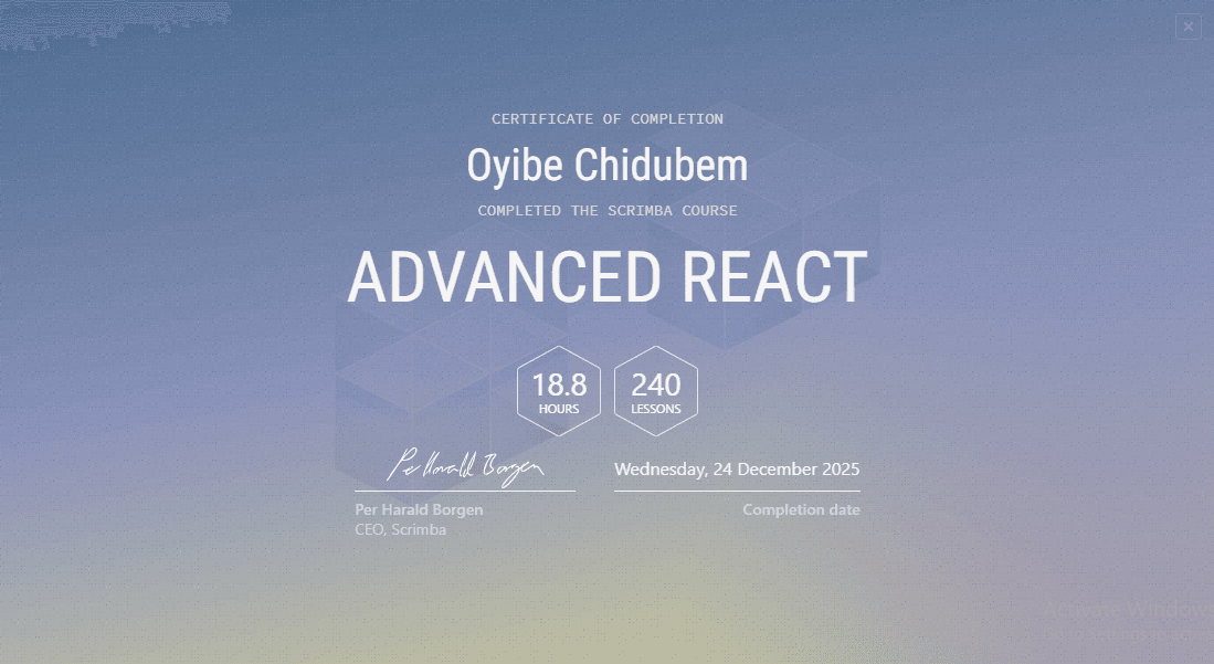 Advanced React certificate from Scrimba