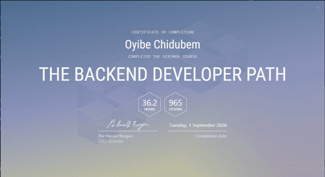Backend Developer certificate from Scrimba