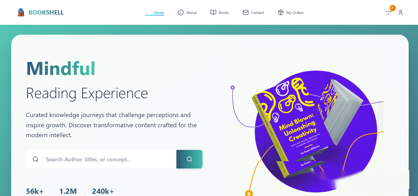 BookShell storefront: a "Mindful Reading Experience" hero with a search field for authors and titles, beside a 3D book illustration.